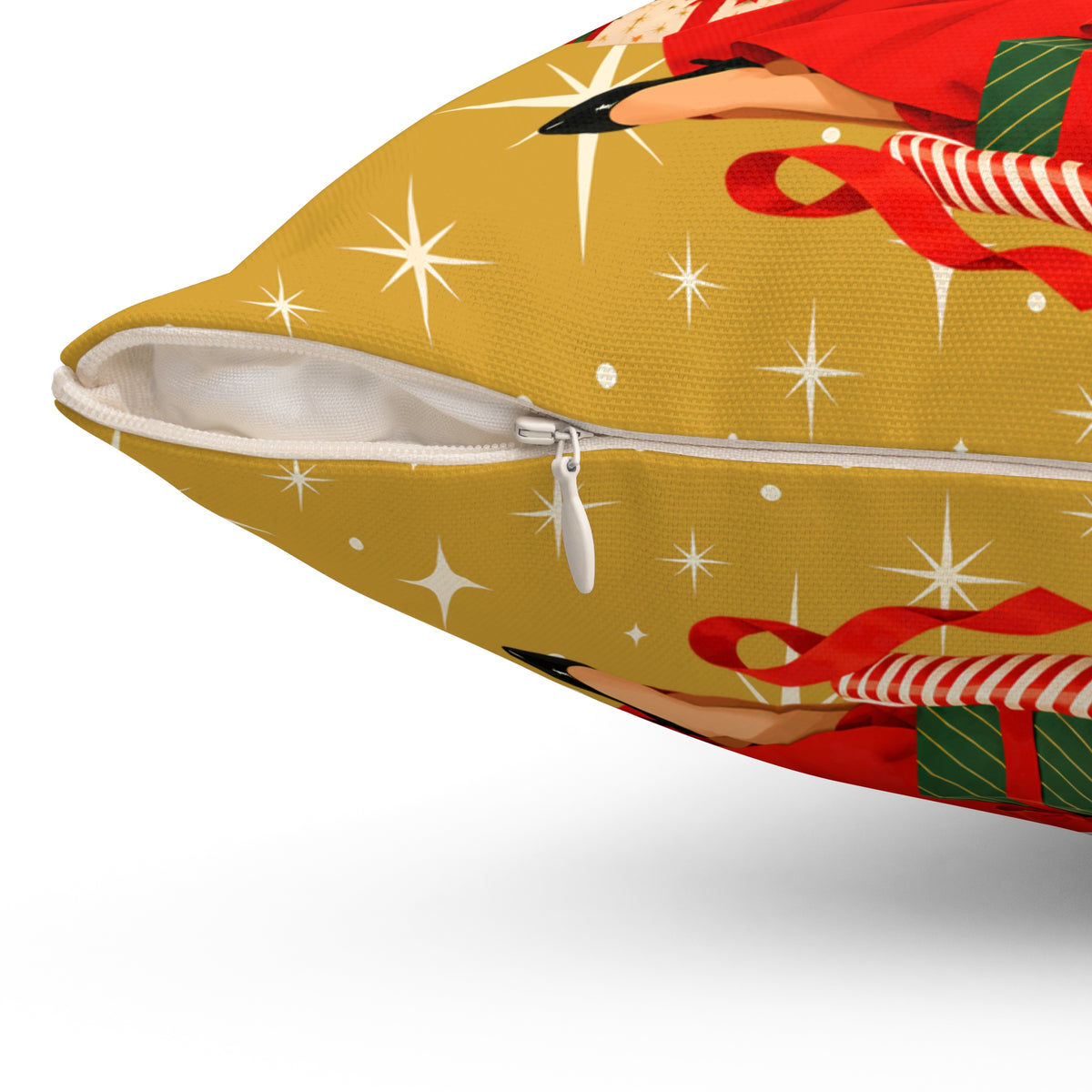 Mid Century Modern Christmas Glamour Gal Wrapping Presents by Tree, Gold Atomic Starbursts Pillow Cover and Insert - Mid Century Modern Gal