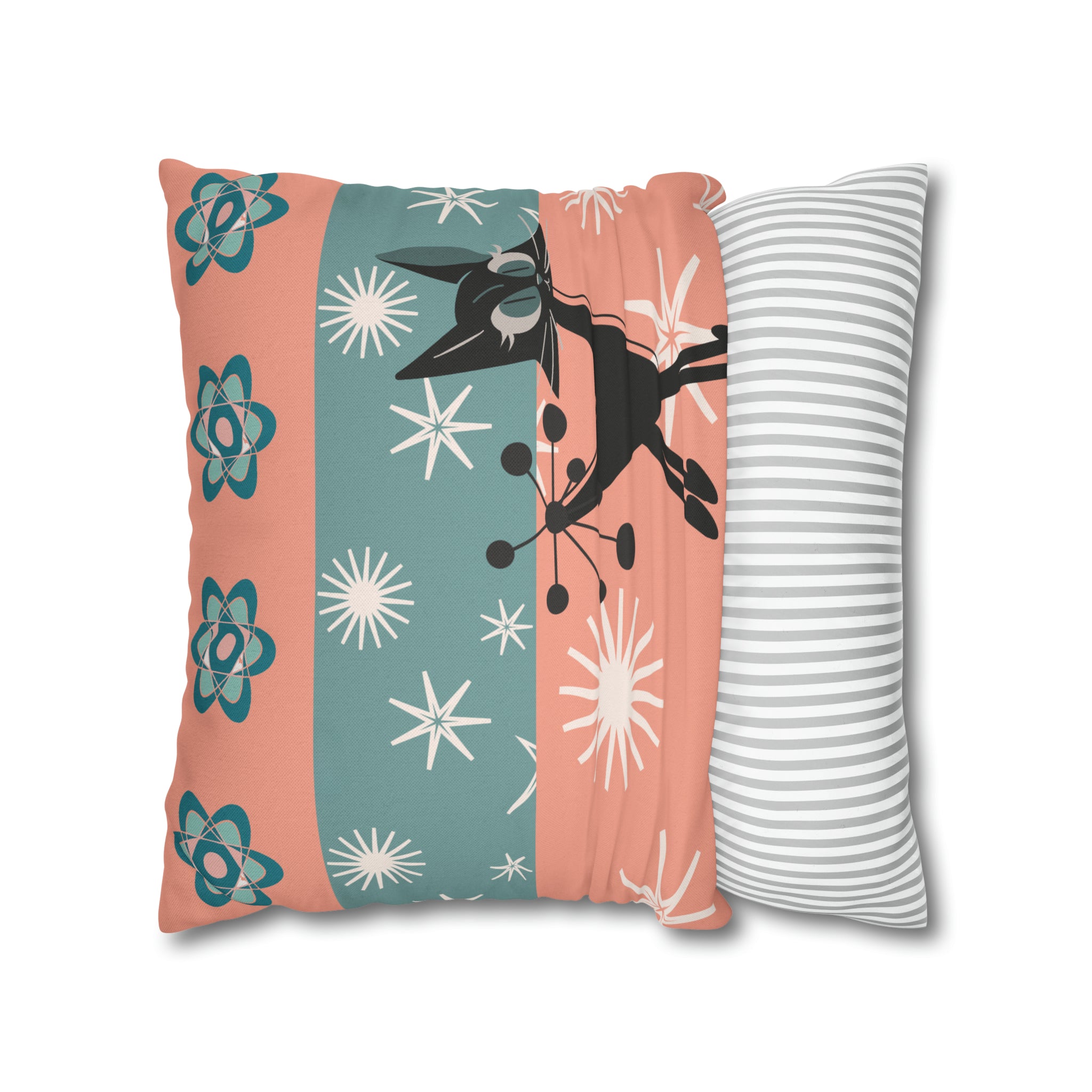 Atomic Kitschy Kittie, Black Cat Lover, Mid Century Modern Boomerang, Retro Coral, Teal, Starburst, 50s Pillow Case Cover - Mid Century Modern Gal