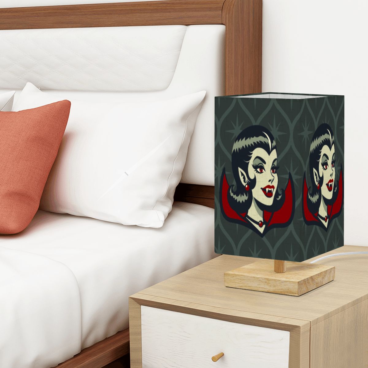 Vampire Dracula Girl Halloween Goth Horror Buff MCM Green Square Table Lamp - Mid Century Modern Gal