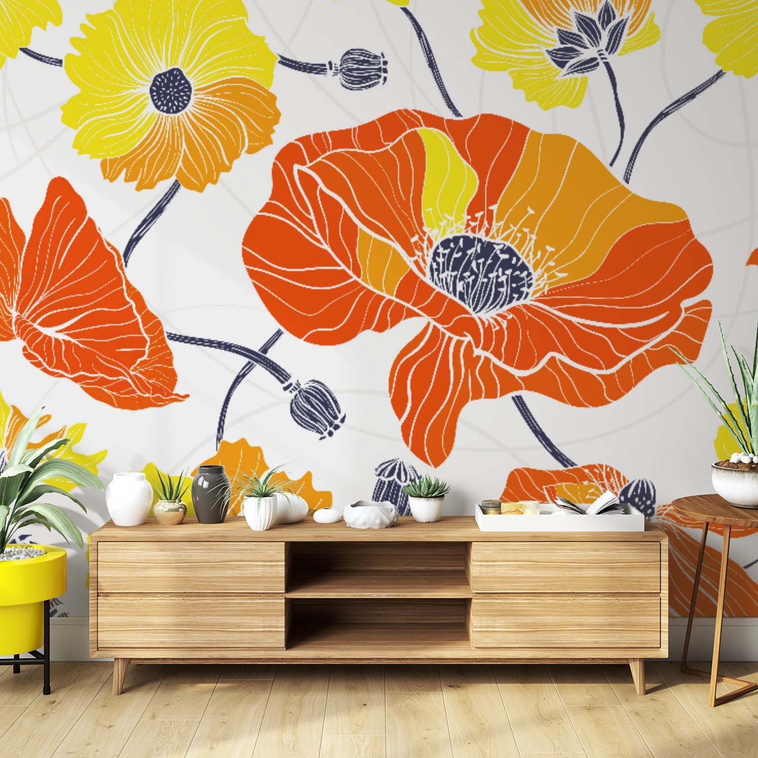 Vintage Poppy Orange Yellow Retro Florals, Mid Century Modern Wall Murals - Mid Century Modern Gal