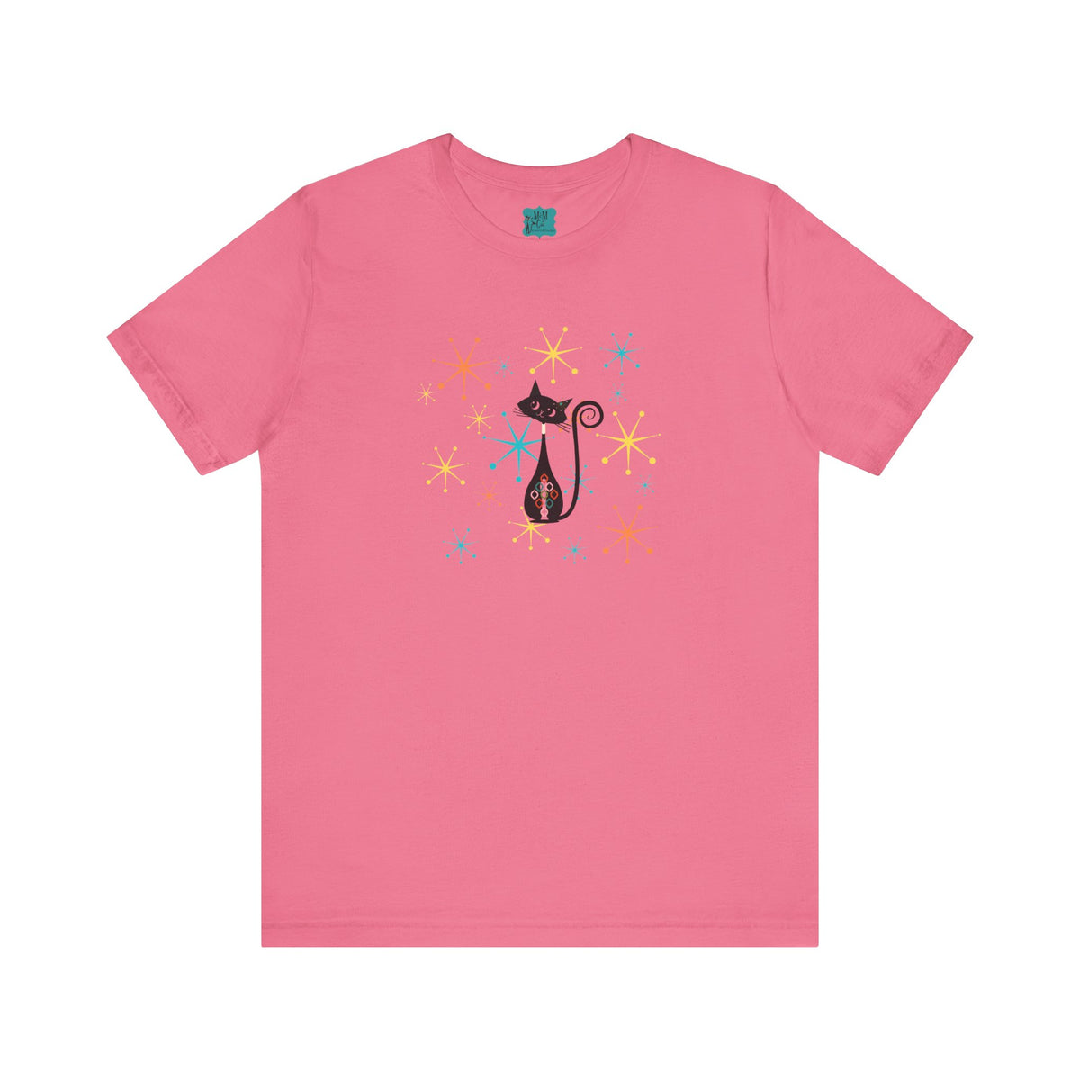 Atomic Cat Mid Century Modern Starburst Whimsical Cat Short Sleeve Tee - Colorful Star Design - Mid Century Modern Gal