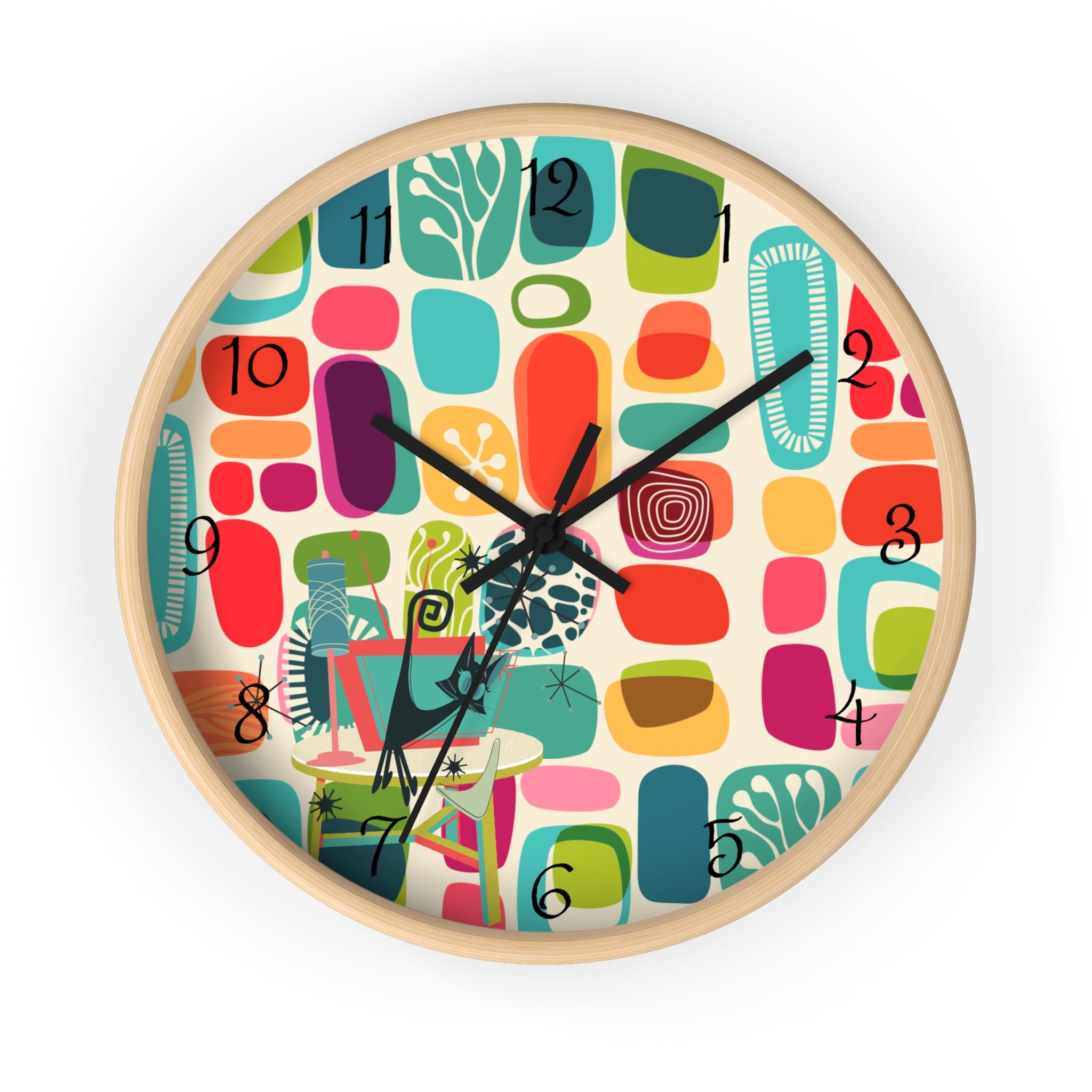 Mid Mod Amoeba Design With Kitschy Atomic Cat, Quirky Fun Retro Wall Clock - Mid Century Modern Gal