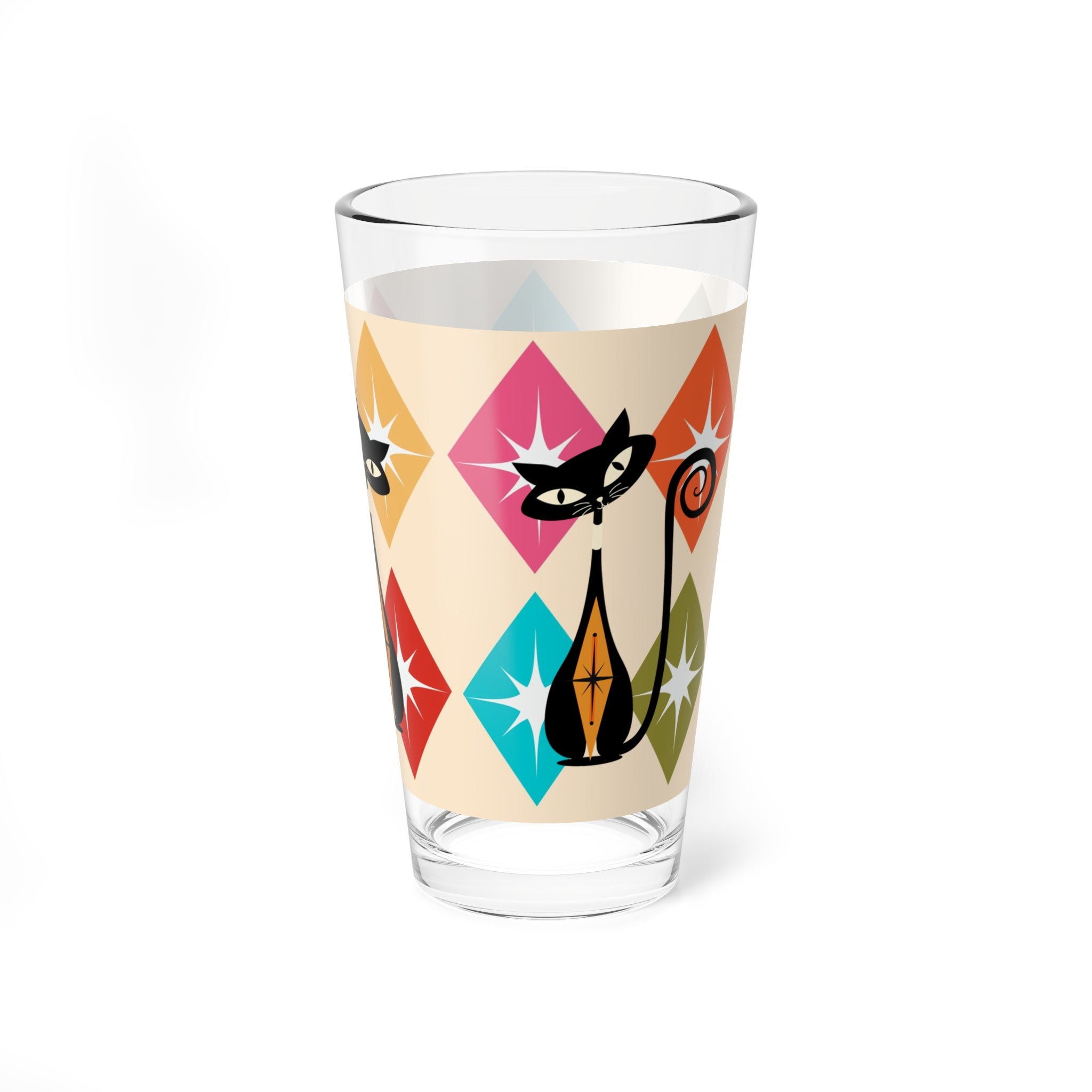 Atomic Cat Kitschy Mod Pint Glass, Harlequin Diamonds, Starburst Mid Century Modern Barcart Barware Mixing Glass, 16oz - Mid Century Modern Gal