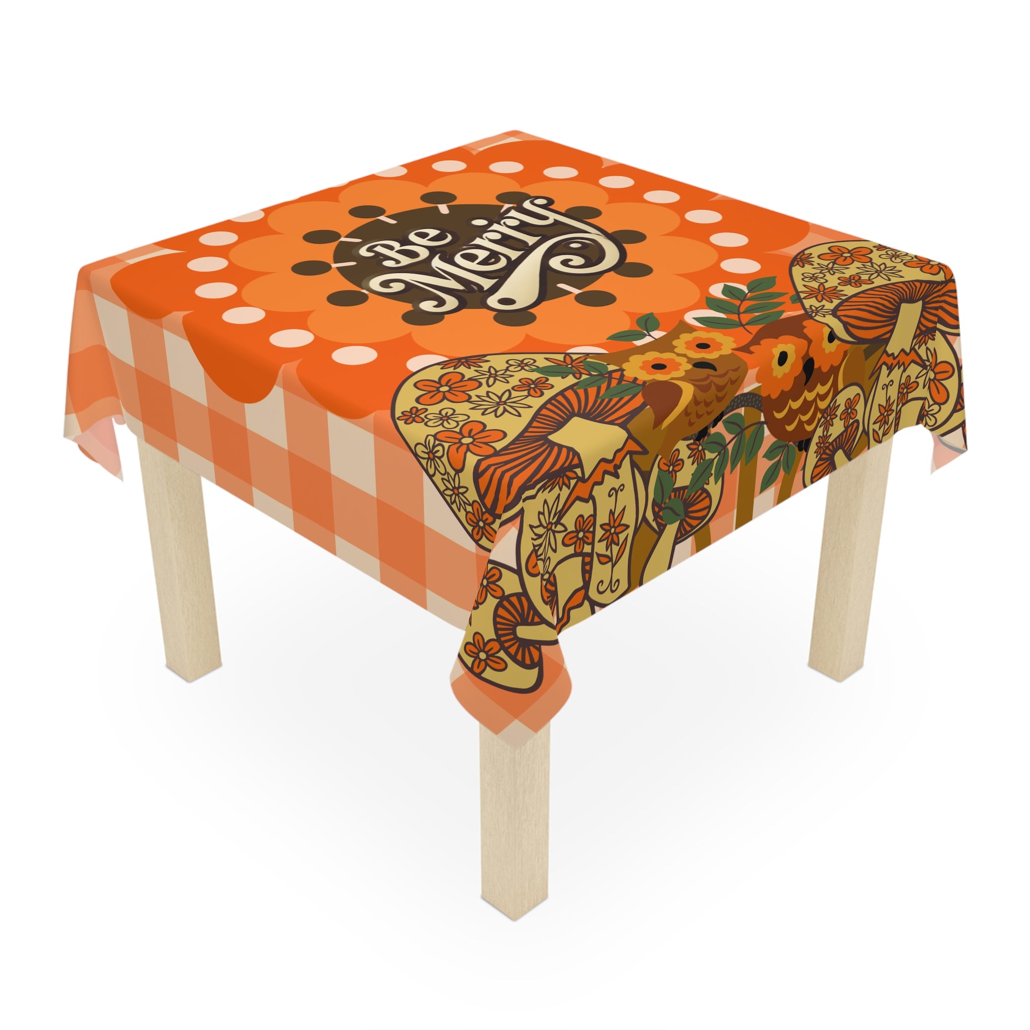 Be Merry Vintage Merry Mushroom-Inspired Tablecloth, Festive Retro 70s Dining Decor - Mid Century Modern Gal