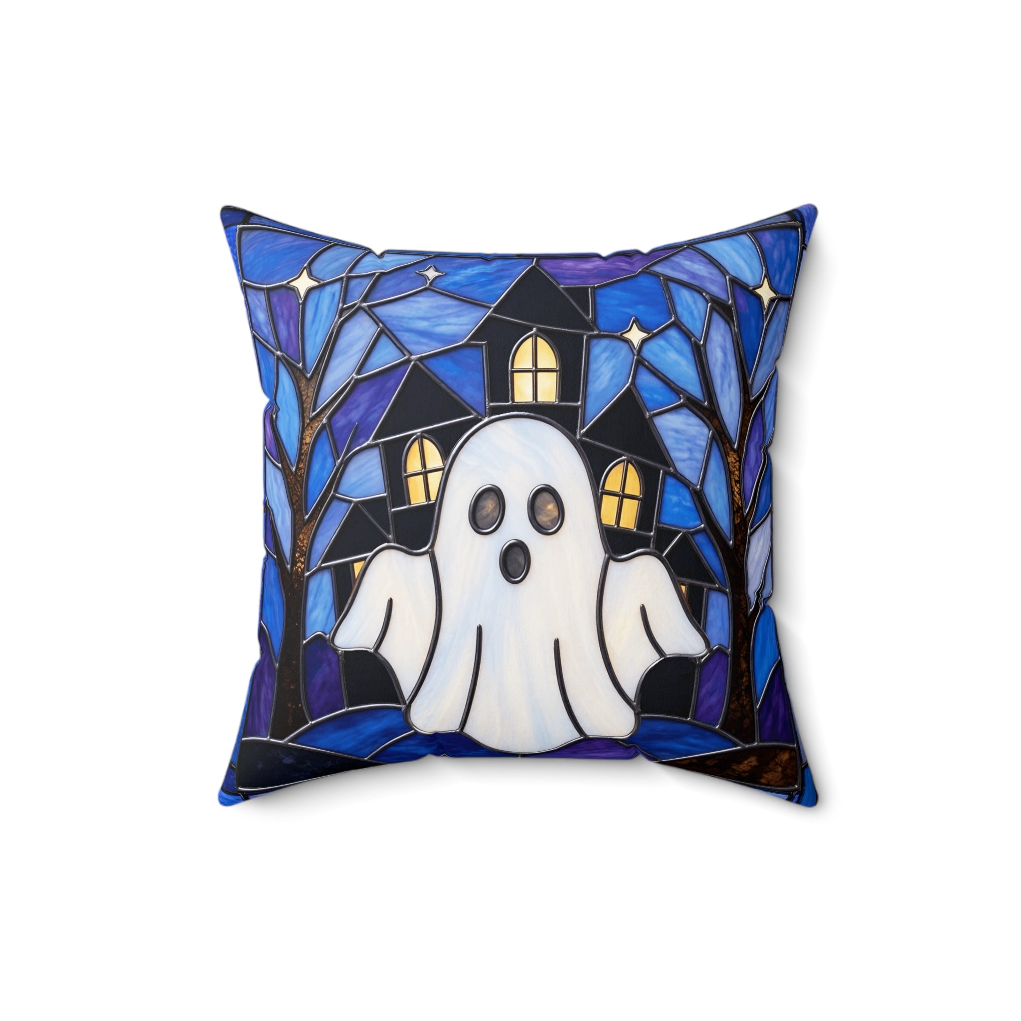 Halloween Stained Glass Style Ghost Haunted House Pillow Cover and Insert