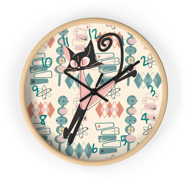 Atomic Cat Wall Clock, Mid Century Modern Kitschy Kitchen, Bedroom Livingroom Clocks
