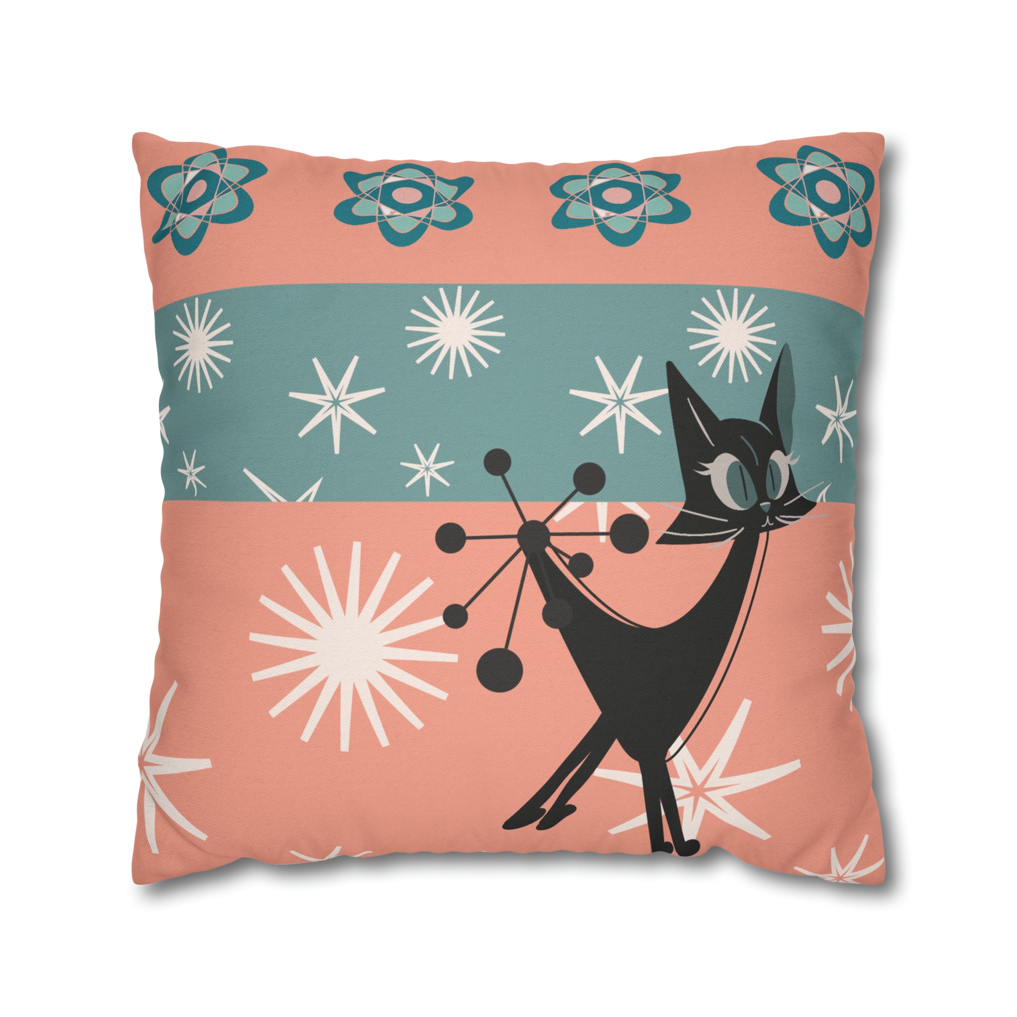 Atomic Kitschy Kittie, Black Cat Lover, Mid Century Modern Boomerang, Retro Coral, Teal, Starburst, 50s Pillow Case Cover - Mid Century Modern Gal