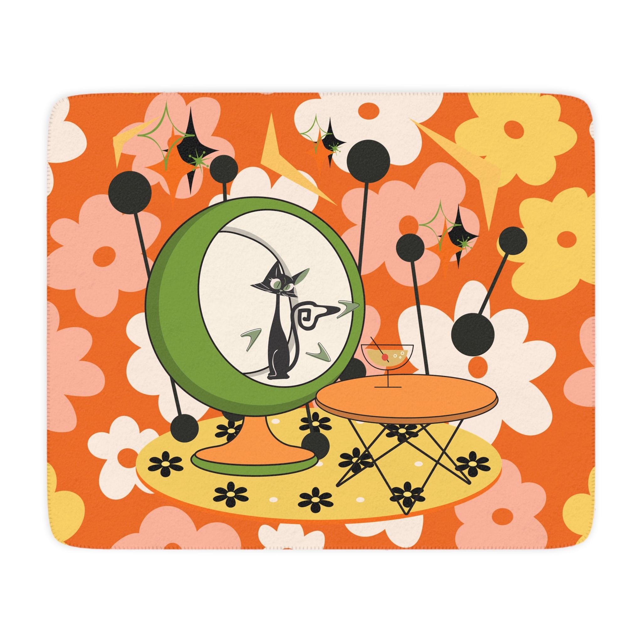 Atomic Cat Retro Orange Flower Power Mid Century Modern Kitschy Mod Cozy Blanket - Mid Century Modern Gal