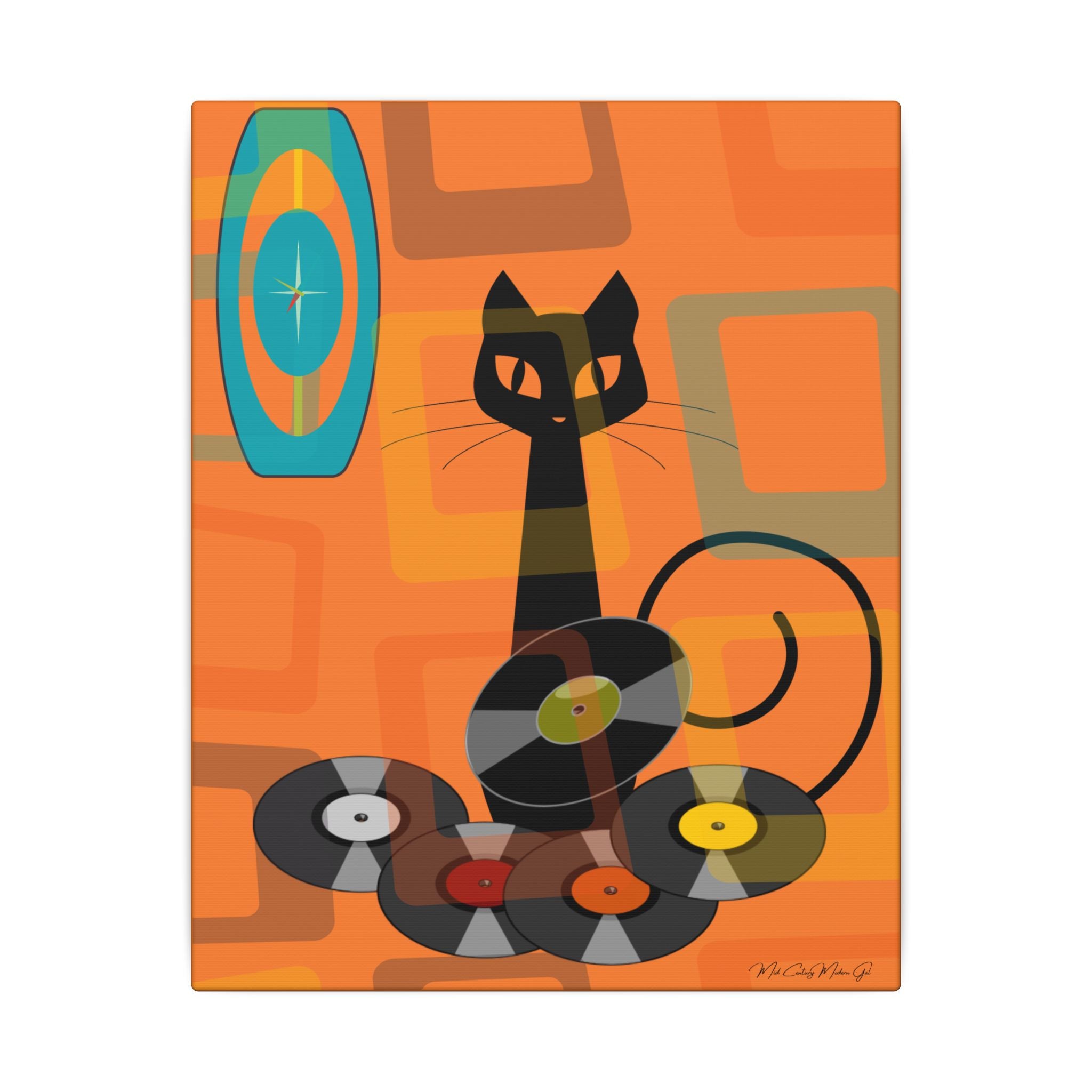 Atomic Cat Retro Groovy Records Mid Century Modern Orange Geometric, Canvas Gallery MCM Mid Mod Wall Art - Mid Century Modern Gal