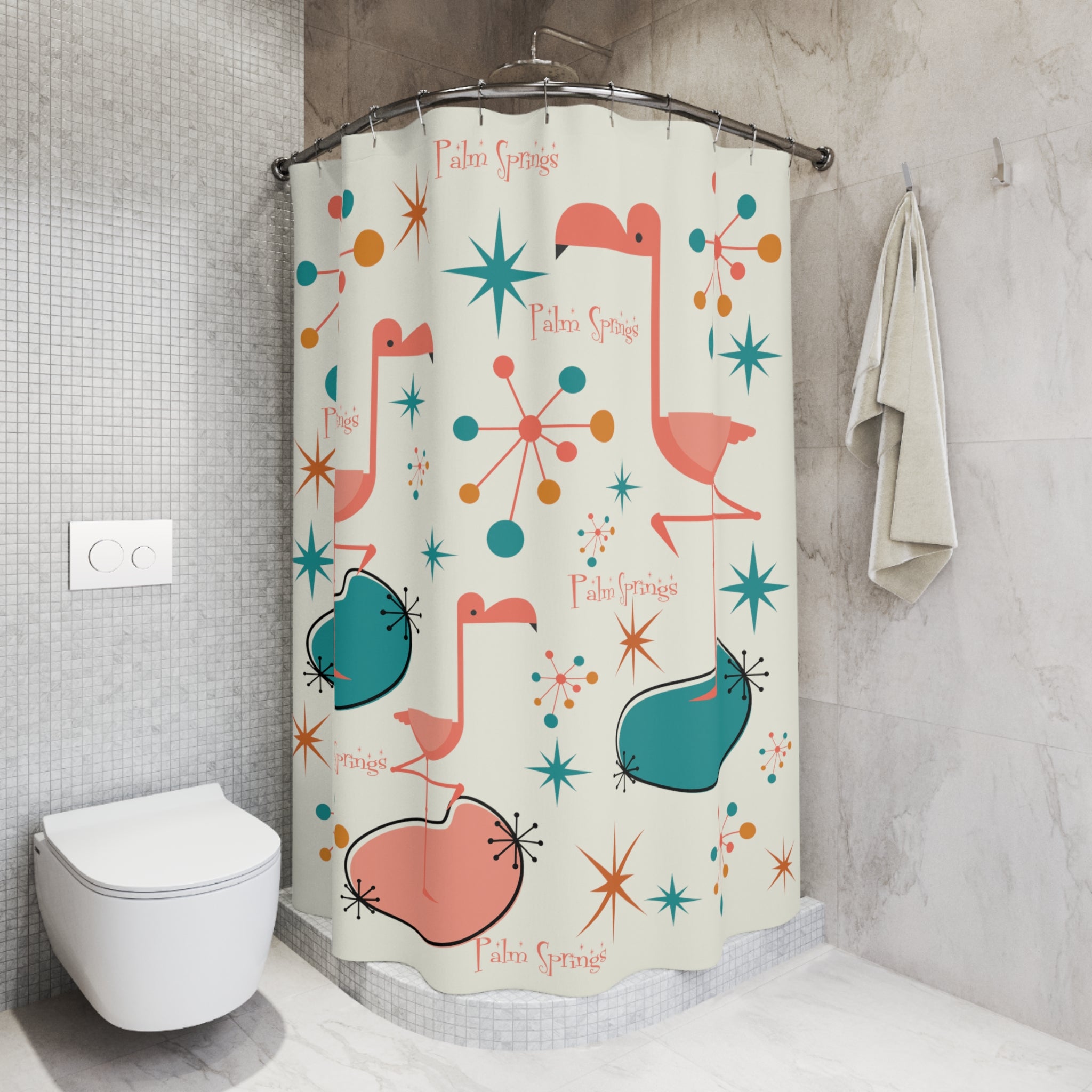 Palm Springs California, 50s Flamingo, Starburst Mid Century Modern Shower Curtain - Mid Century Modern Gal