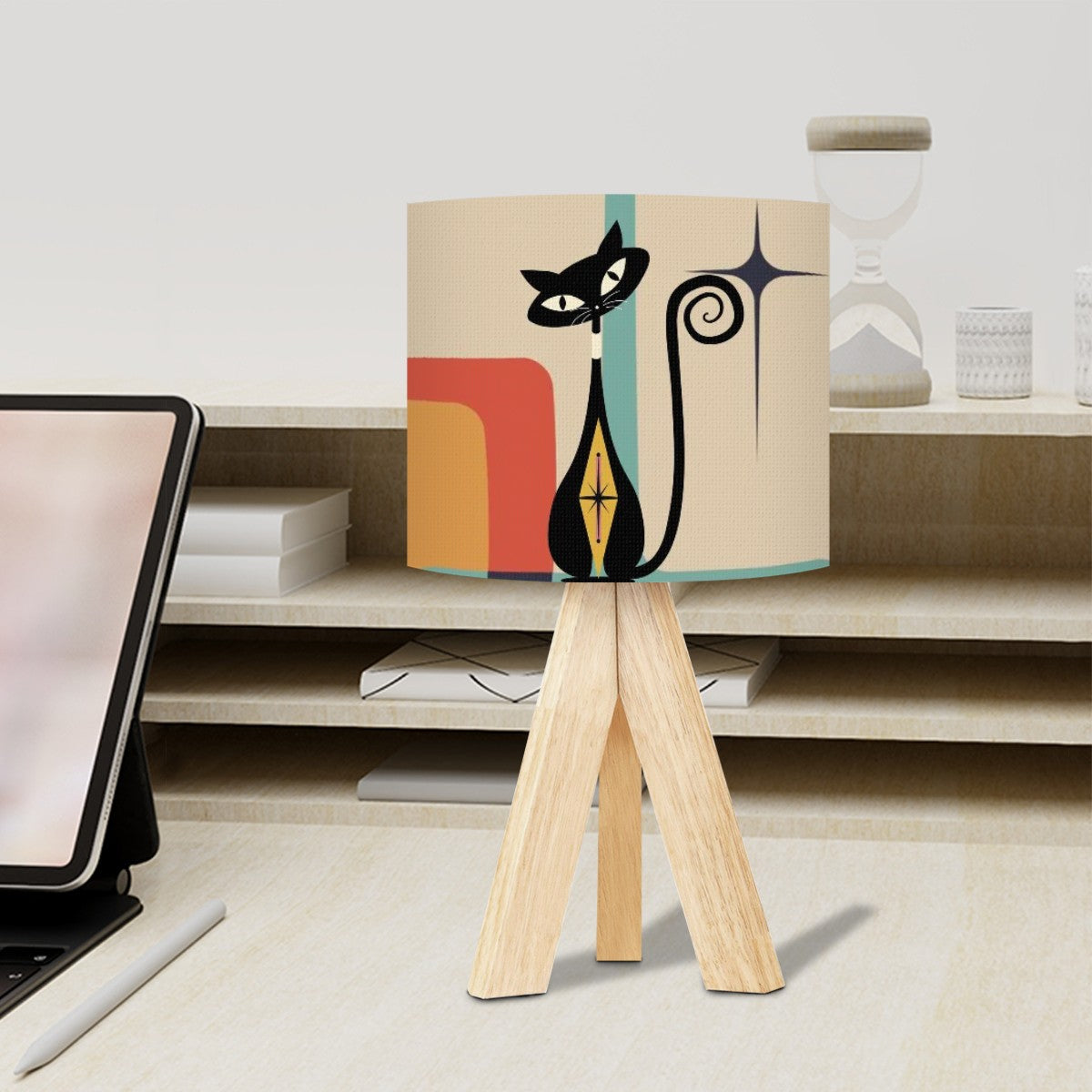 Atomic Cat, Wooden Tripod Table Lamp With Kitschy Geometric Design - Mid Century Modern Gal