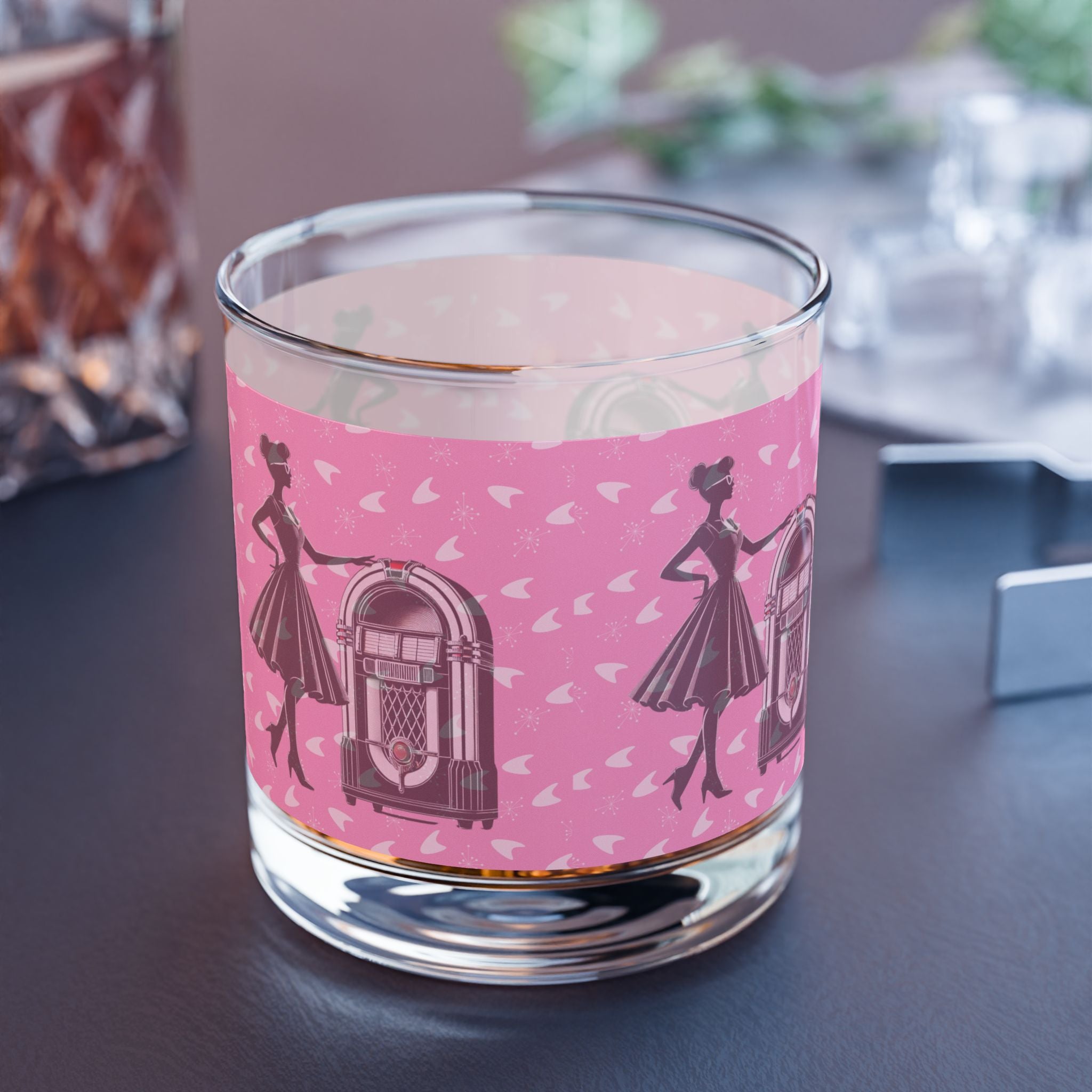 50s Retro Gal Pink Jukebox Rocks Glass – 10oz Cocktail Glass for Vintage Lovers - Mid Century Modern Gal