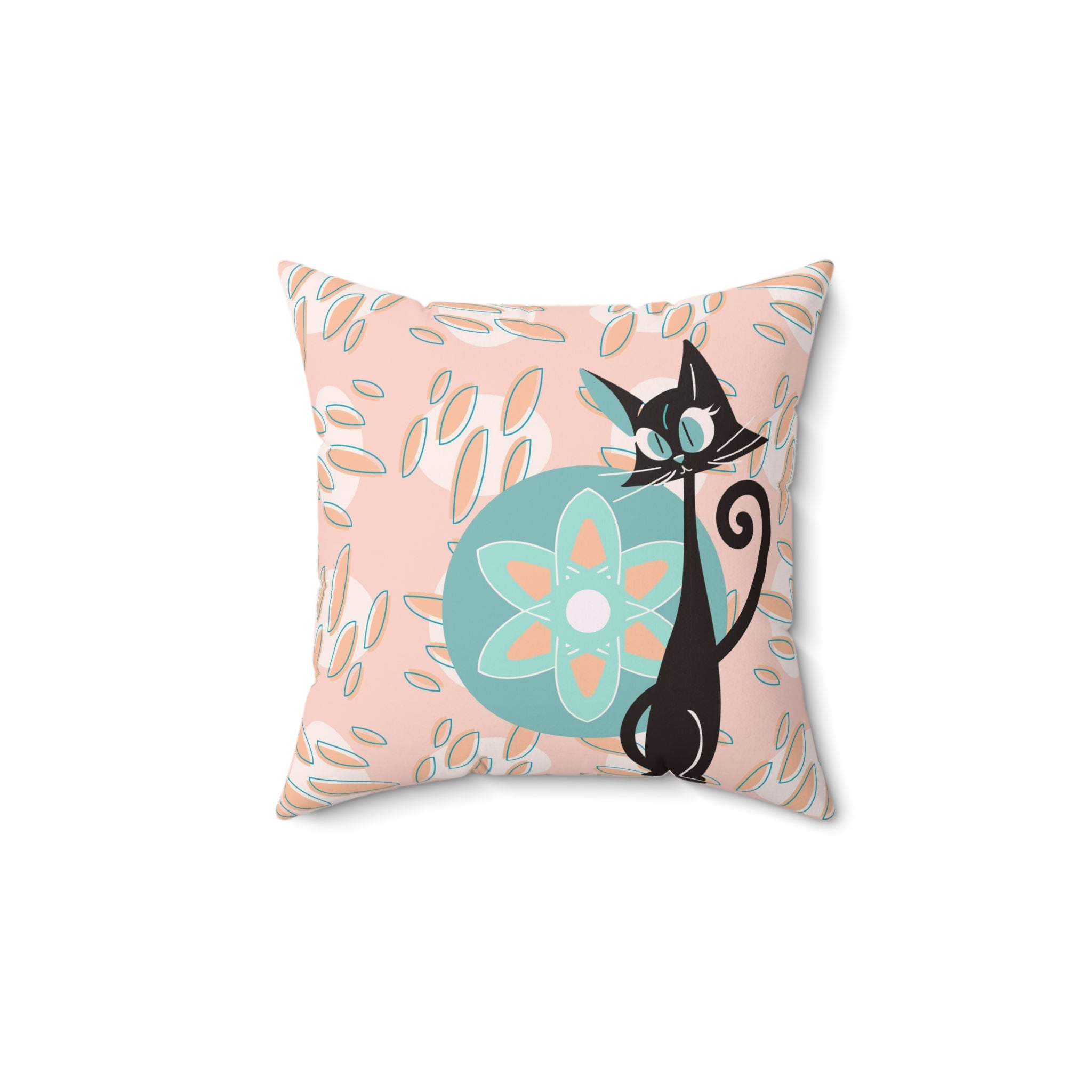 Atomic Cat, Groovy Retro Mid Century Modern Coral Pink, Blue, Orange, Hipster Pillow And Insert - Mid Century Modern Gal
