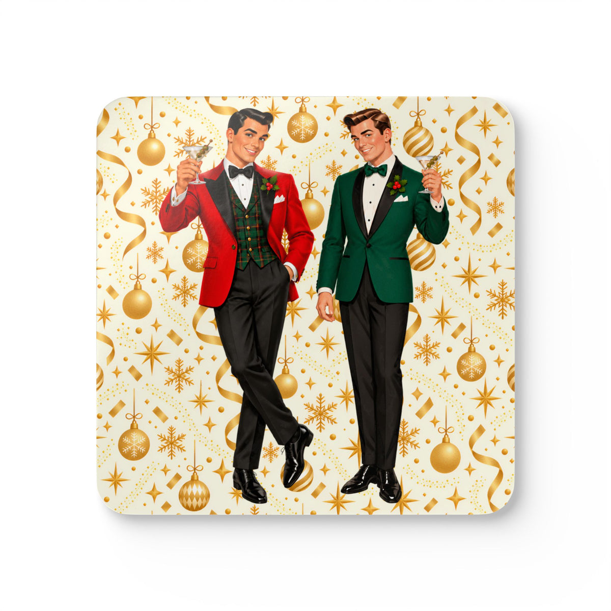 Mid Century Modern Christmas Martini Dapper Gay Male Couple Corkwood Coaster Set