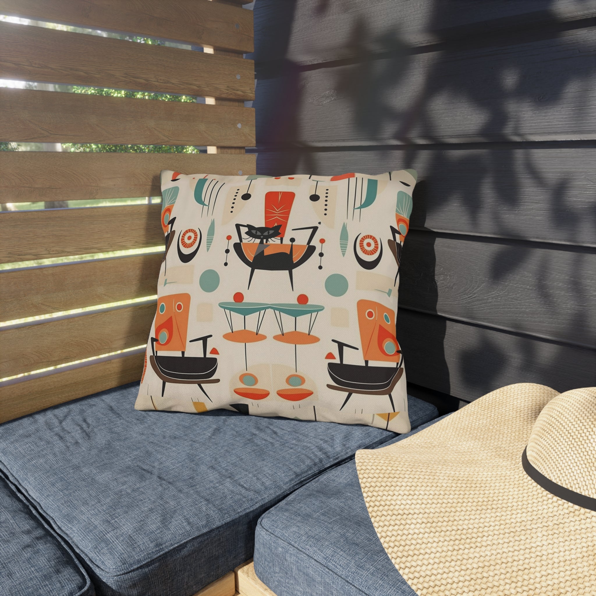 Mid Century Modern Atomic Cat, Mid Mod Party Outdoor Pillows - Mid Century Modern Gal