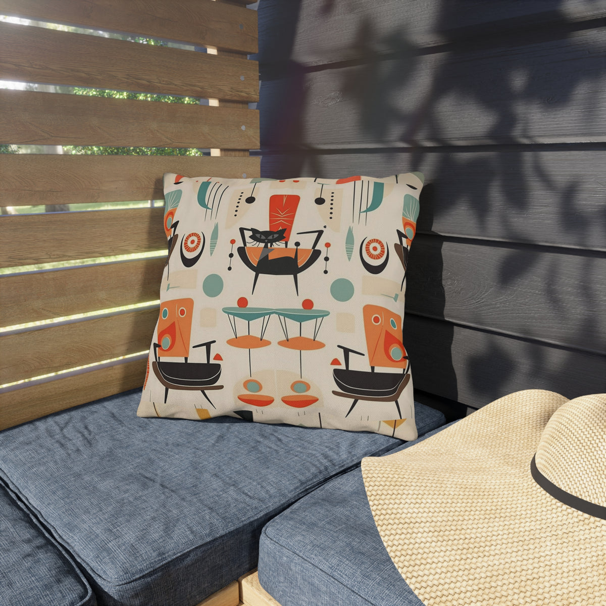 Mid Century Modern Atomic Cat, Mid Mod Party Outdoor Pillows - Mid Century Modern Gal