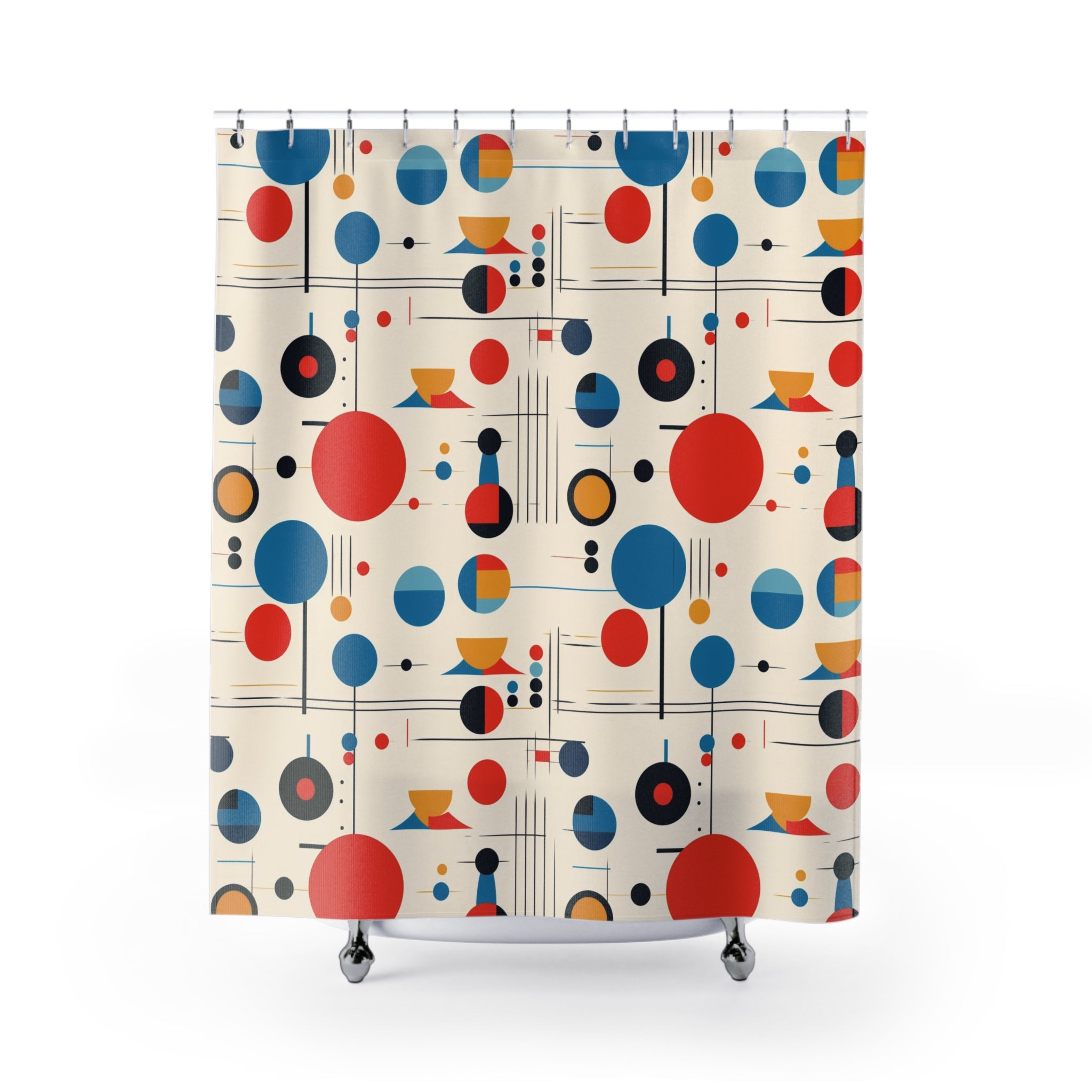 Mid Century Modern Bauhaus Red, Blue, Yellow Geometric Retro Style Shower Curtain - Mid Century Modern Gal