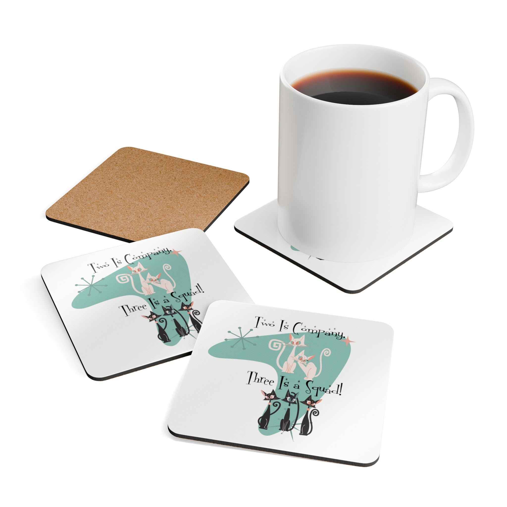 Atomic Cat Coasters For Co-worker gift, Besties Corkwood Coaster Set - Mid Century Modern Gal