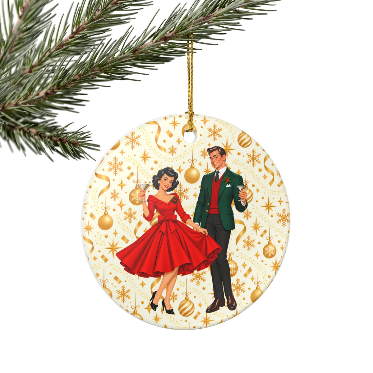 Mid Century Modern Christmas Party Martini Couple Ceramic Christmas Tree Ornament