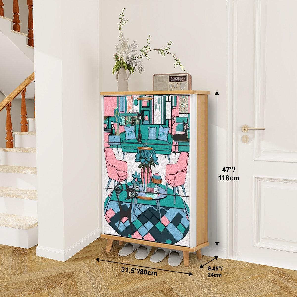 Mid Century Modern Furniture Shoe Cabinet Adorned With Atomic Cats Kitschy Mod LR Design - Mid Century Modern Gal