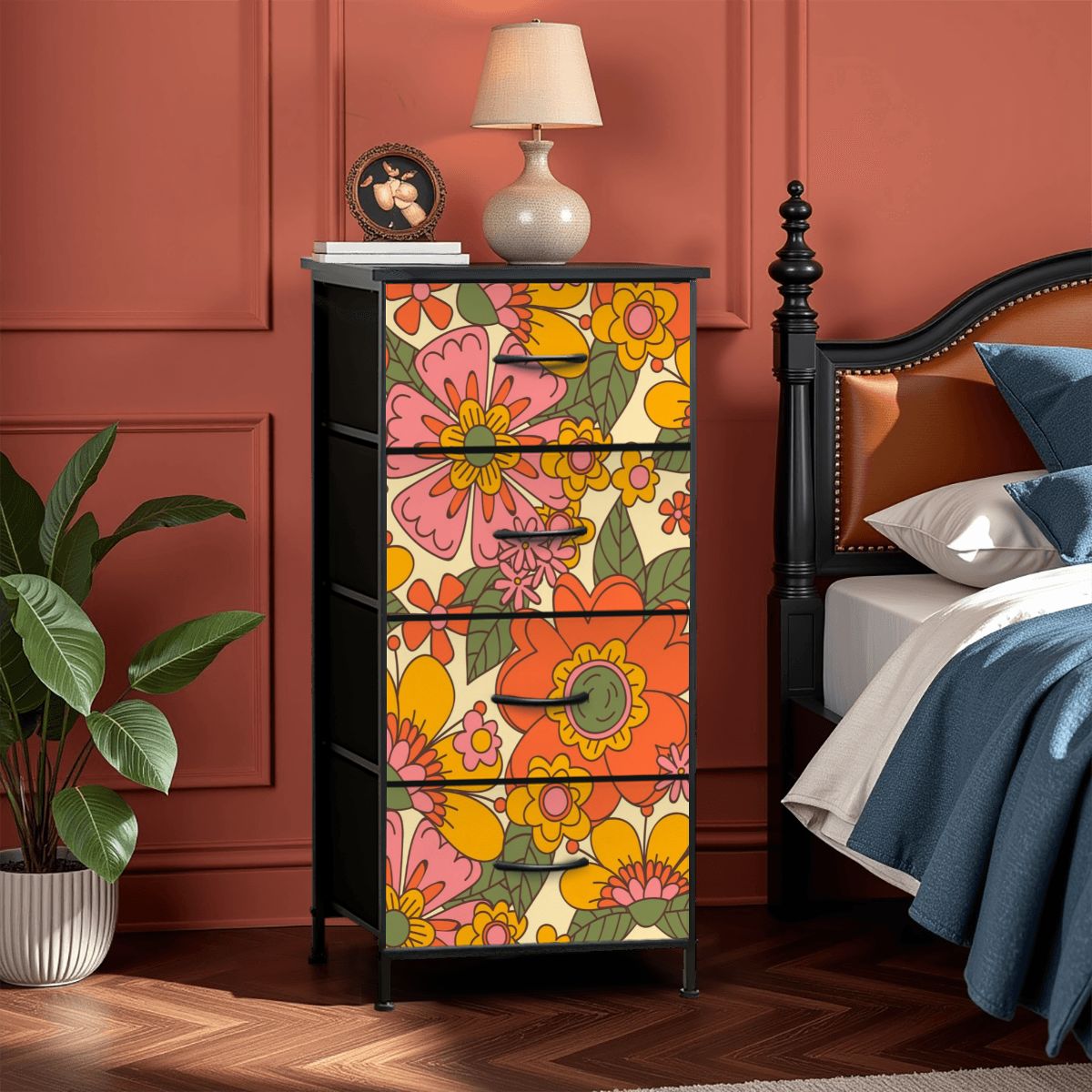 70s Retro Revival Flower Power Groovy Floral Mid Mod 4-Drawer Dresser - Mid Century Modern Gal
