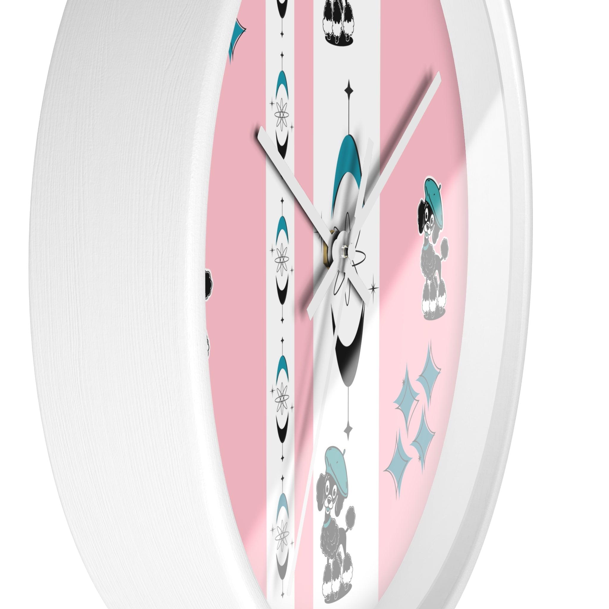 Mid Century Modern Atomic Pink Starburst Wall Clock with Cute Retro Mod Poodle Design - Mid Century Modern Gal