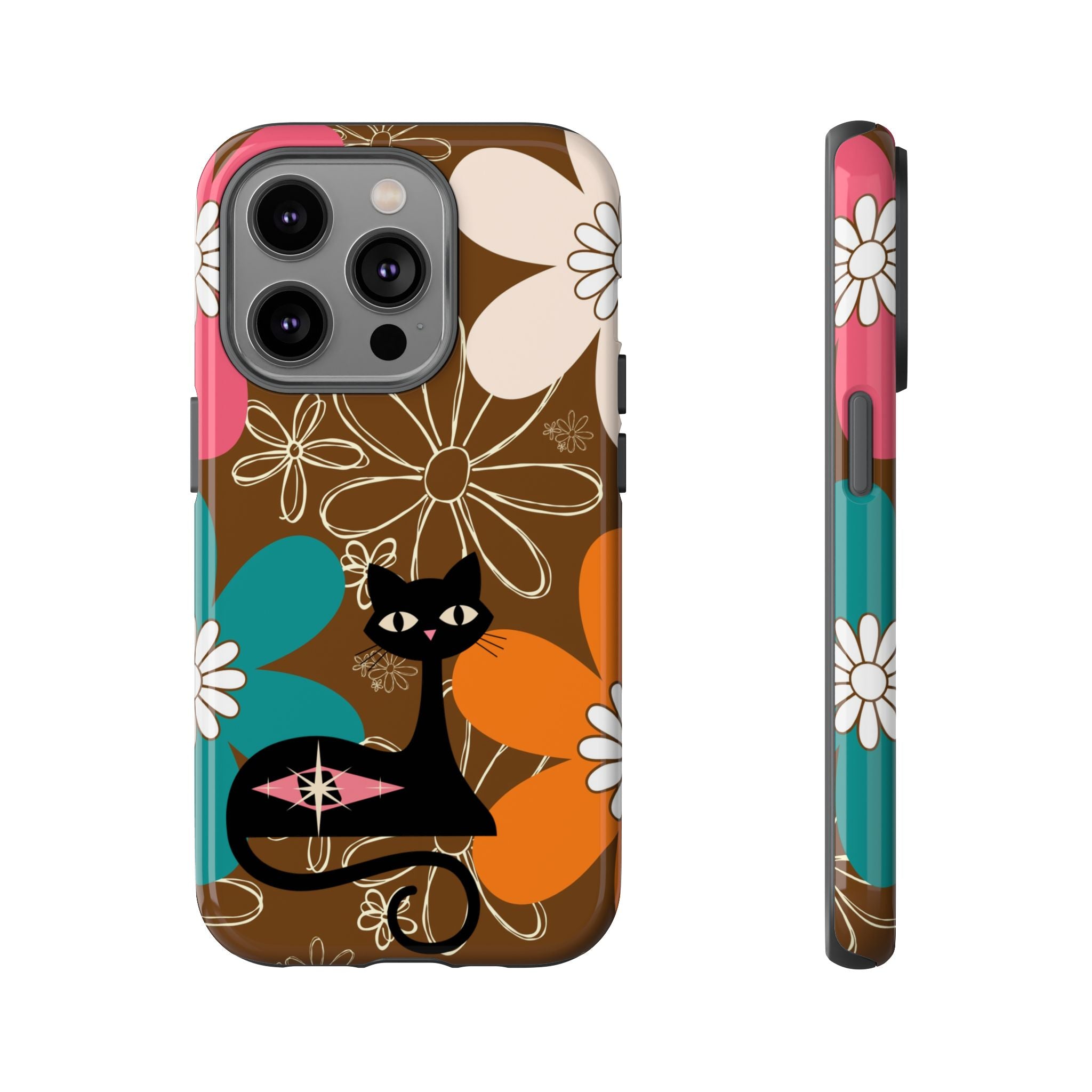 Atomic Cat Retro 70s Vibe Flower Power Tough Cases: Cute Floral and Cat Phone Case for Cat Lovers - Mid Century Modern Gal