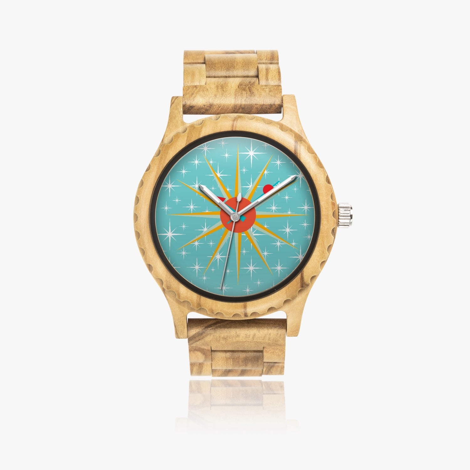 Mid Century Modern Starburst Clock, Retro Unisex Italian Olive Lumber Wooden Watch - Mid Century Modern Gal