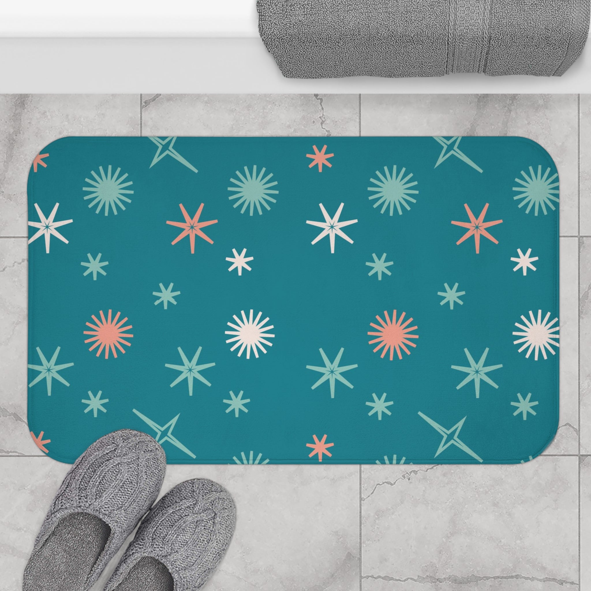 Mid Century Modern Starburst Bath Mat In Teal, Coral Pink, White Kitschy Fun Bath Decor - Mid Century Modern Gal
