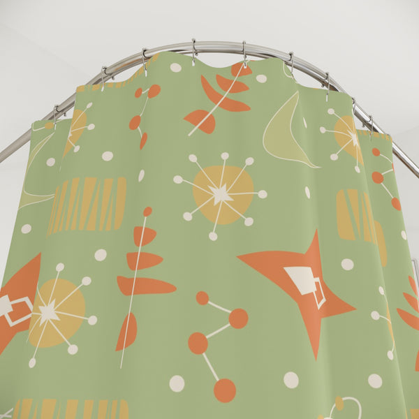 Mid Century Modern Atomic Space, Orange Green Yellow Retro Starburst Shower Curtain