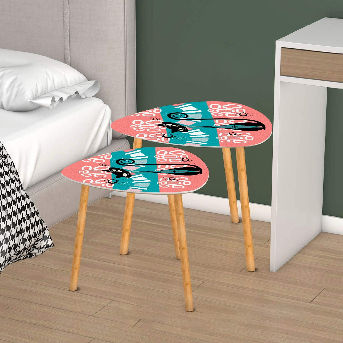 Atomic Cat Mid Century Modern Nesting Tables In Coral, Teal Kitschy Mod Triangle Coffee Table Set of 2 - Mid Century Modern Gal