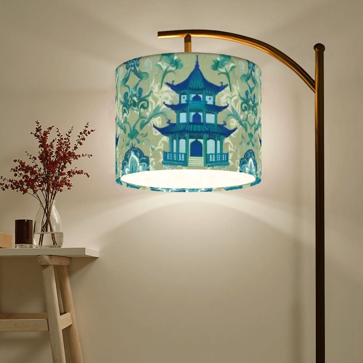 Chinoiserie Pagoda Lamp, Blue, Green Floral Designed Lamp SHADE ONLY - For Arc Floor Lamps Only - Mid Century Modern Gal