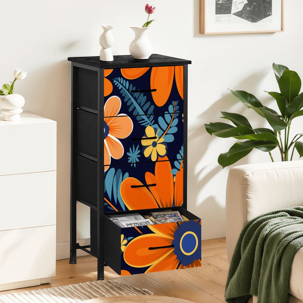 Bohemian Floral Navy Blue, Orange, Retro 4-Drawer Dresser - Mid Century Modern Gal
