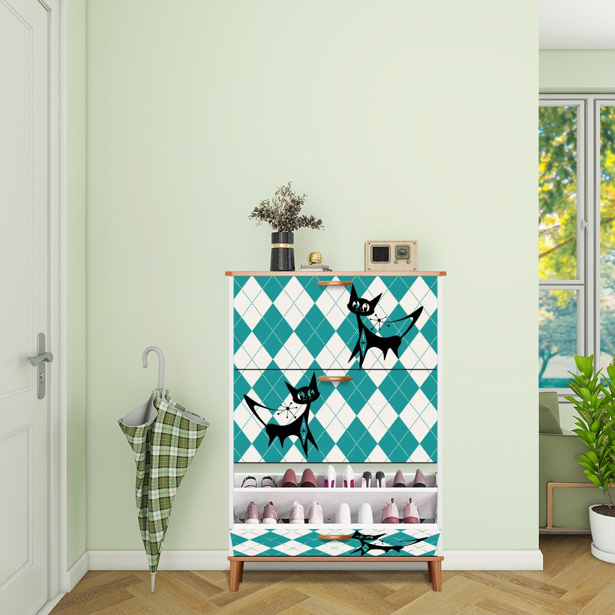 Retro Mid Century Modern Atomic Kitschy Cats, Argyle Pattern Mod Shoe Cabinet - Mid Century Modern Gal