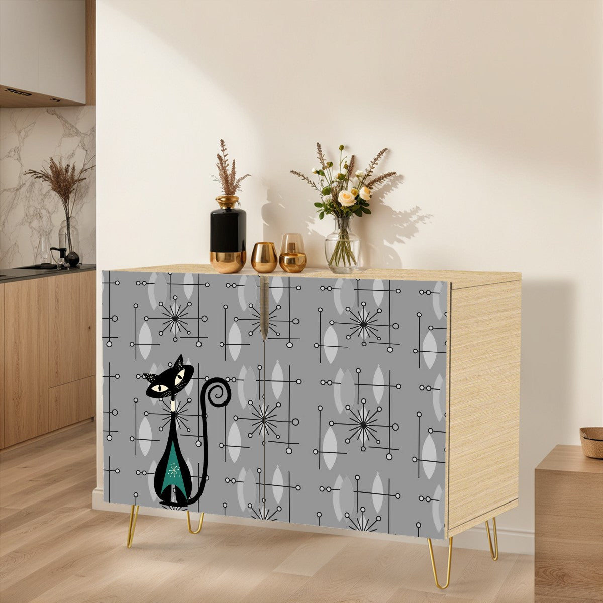 Mid Century Modern Moody Gray Atomic Cat Starbursts Wooden Storage Cabinet - Mid Century Modern Gal