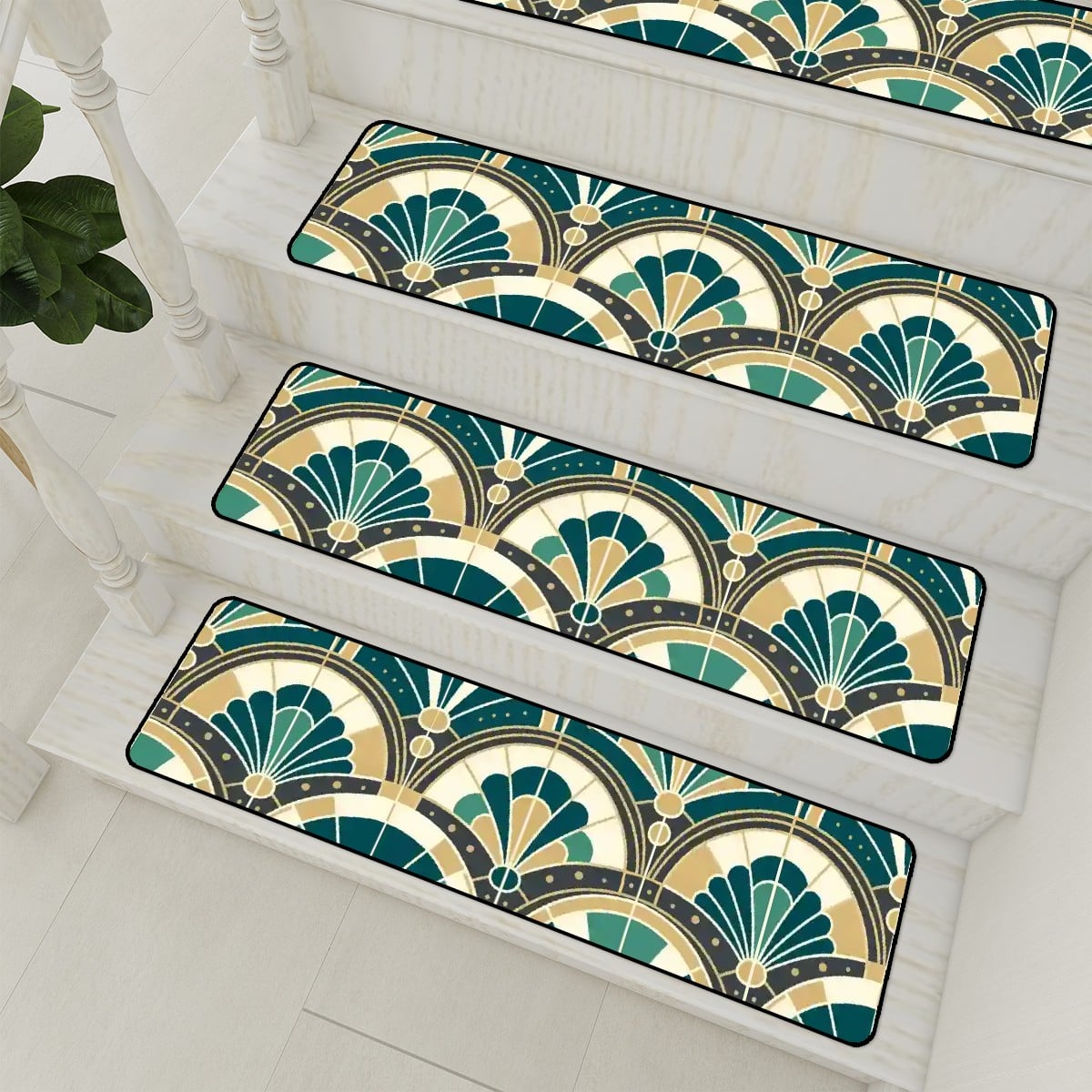 Art Deco Peacock Inspired Non Slip Carpet for Stairs Treads