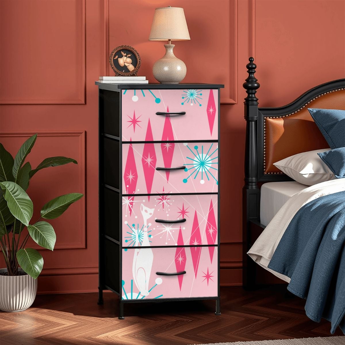 Mid Century Modern Atomic Cat Pink Starburst 4-Drawer Dresser - Mid Century Modern Gal