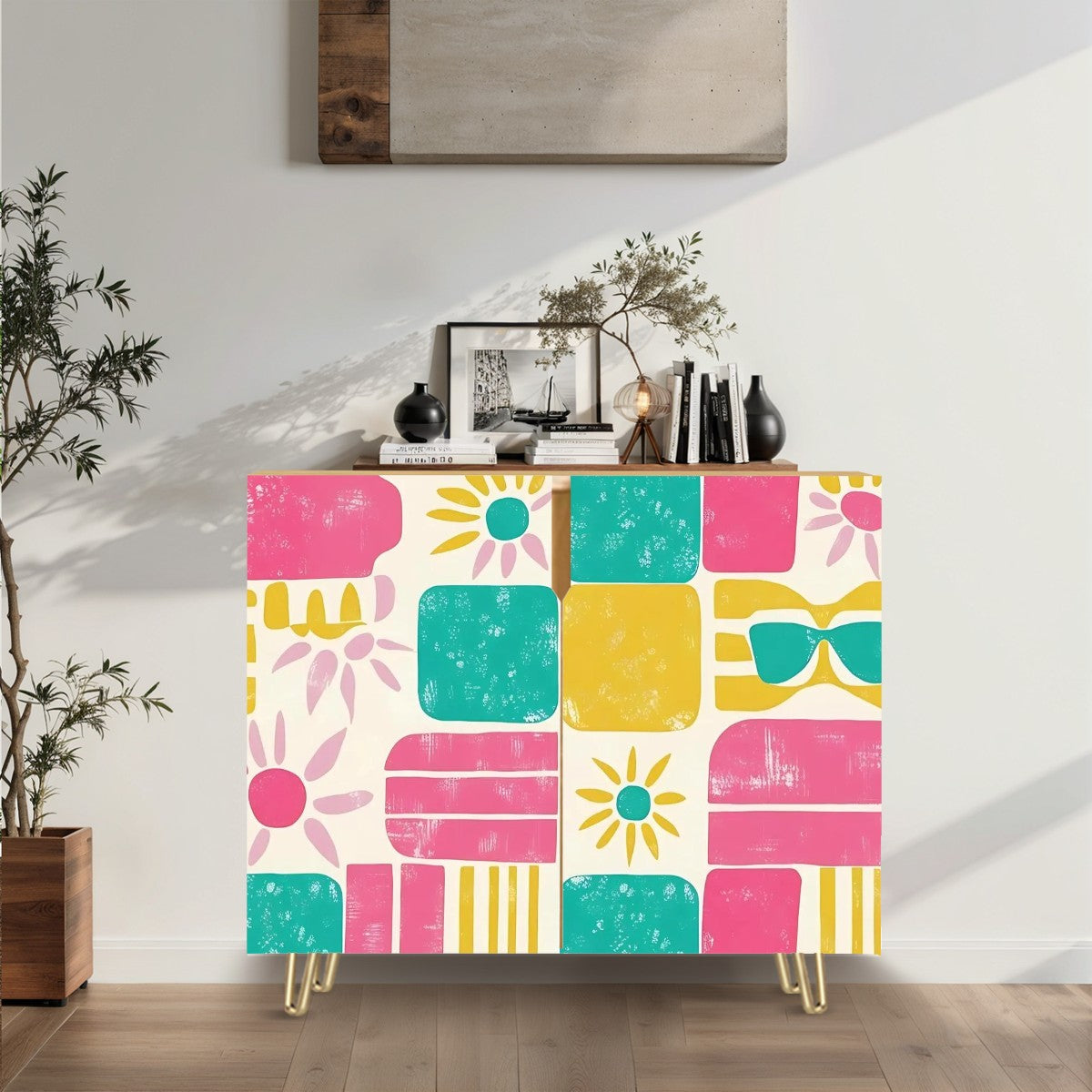Mid Century Modern Palm Spring Cali, Mod Pink Teal , Yellow Wooden Storage Cabinet - Mid Century Modern Gal