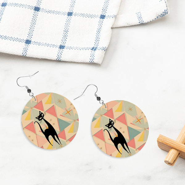 Atomic Cat, Mid Mod Pink Aqua Kitschy Mod Faux Leather Round Earrings
