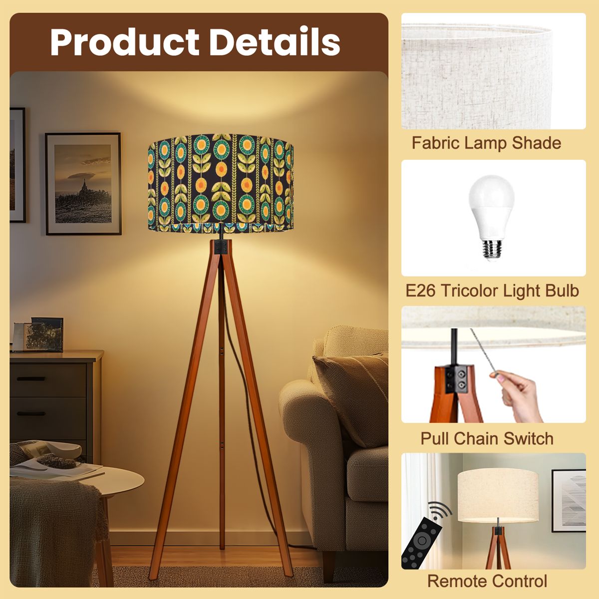Modern Scandinavian Flower Blue, Orange Yellow Green Mid Century Modern Tripod Floor Lamp - Mid Century Modern Gal