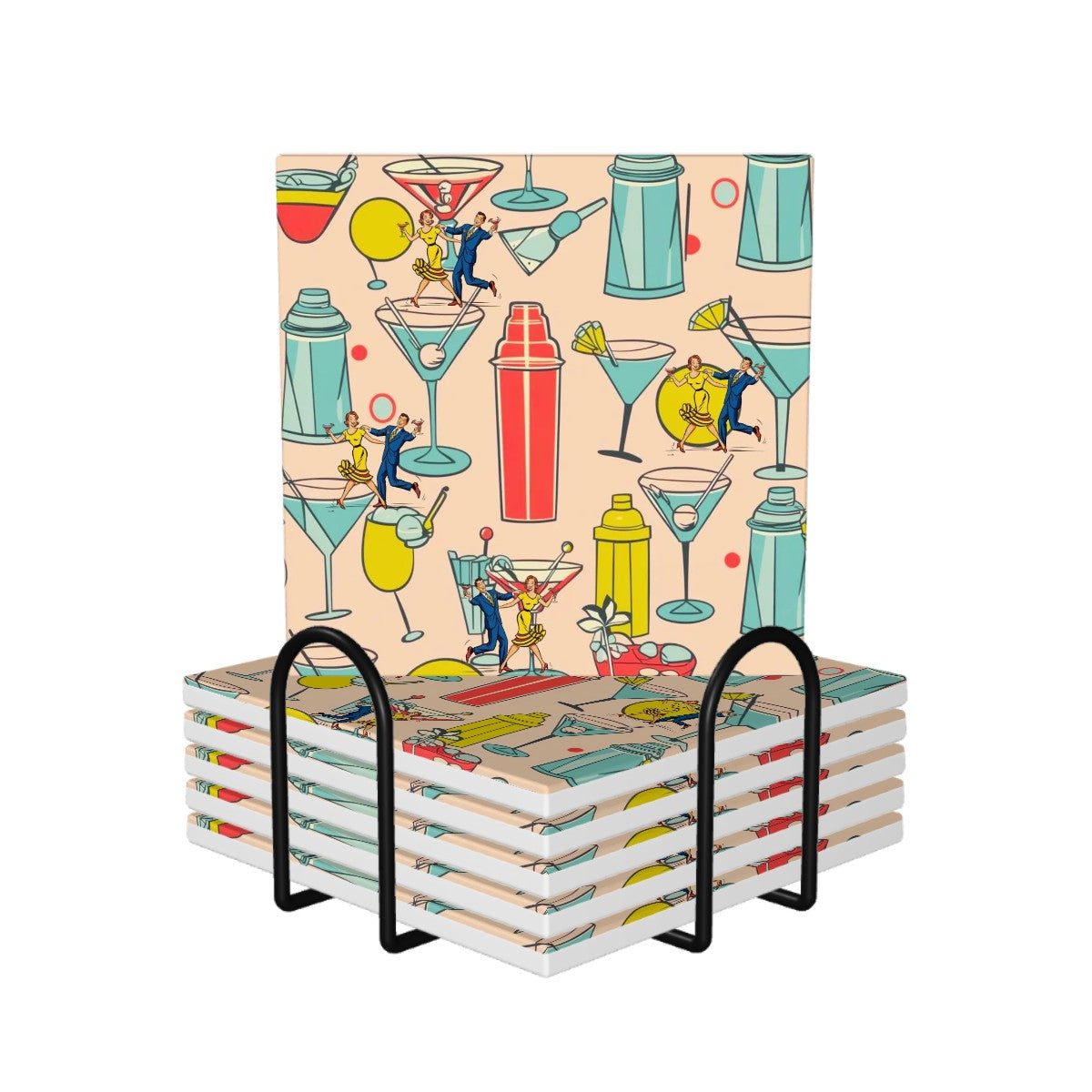 Mid Century Modern Martini Kitschy Mod Square Ceramic Coasters Set of 6 - Mid Century Modern Gal