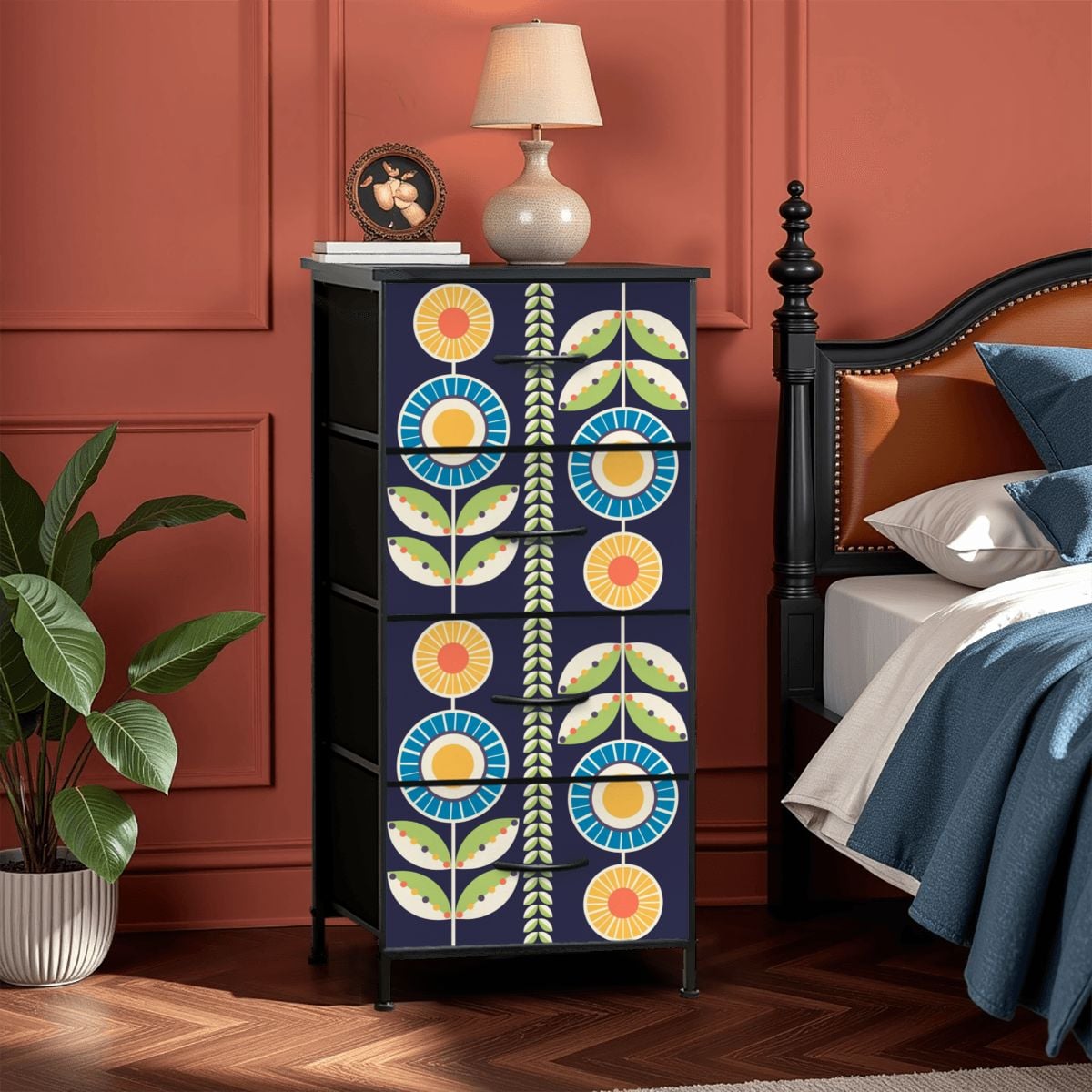 scandinavian design dresser Modern Flower Blue, Orange, Yellow, Green Mid Century Modern 4-Drawer WINE-DRESS the generous chest of 53 Burgundy Pants Outfits Color:As Picture show