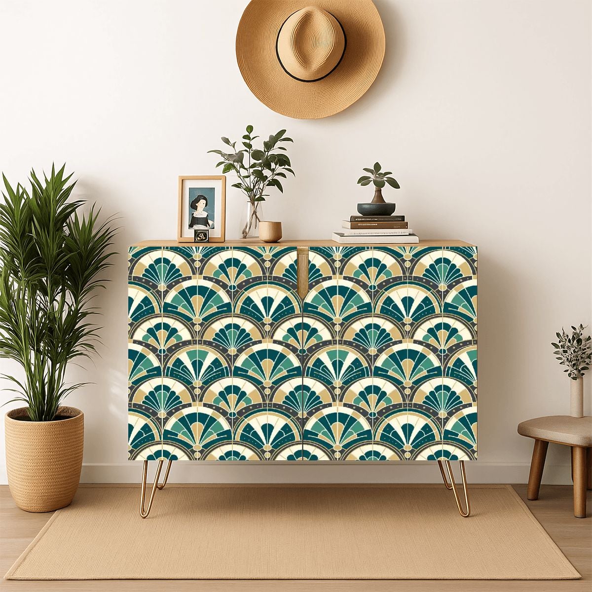 Art Deco Peacock Inspired Wooden Storage Cabinet - Mid Century Modern Gal