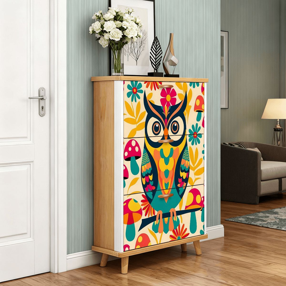 Retro 1970s Owl Mushroom Floral Mid Mod Shoe Storage Cabinet - Mid Century Modern Gal