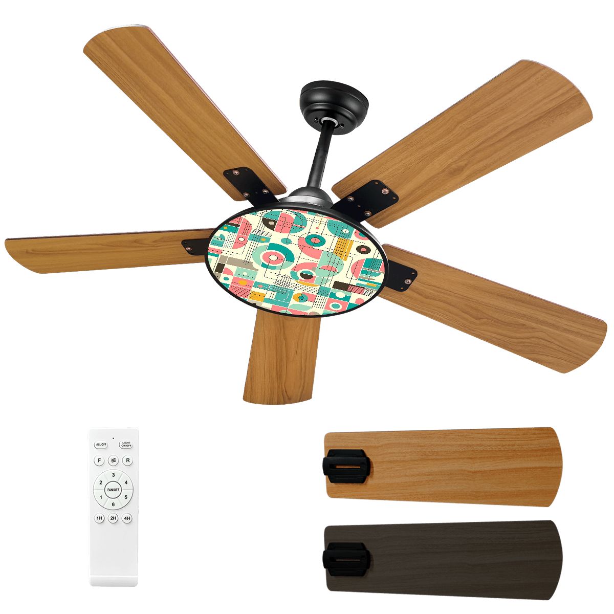 Bauhaus Pink Teal Yellow Mid Century Modern Designed Ceiling Fan With Light - Mid Century Modern Gal
