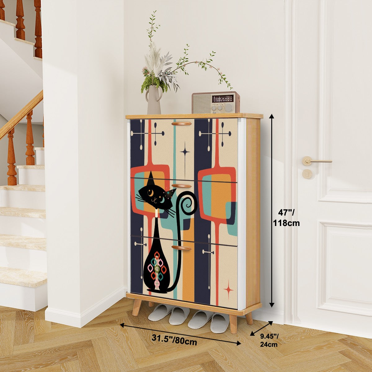 Mid Century Modern Atomic Cat, Mid Mod Geometric Designed Shoe Storage Cabinet - Mid Century Modern Gal