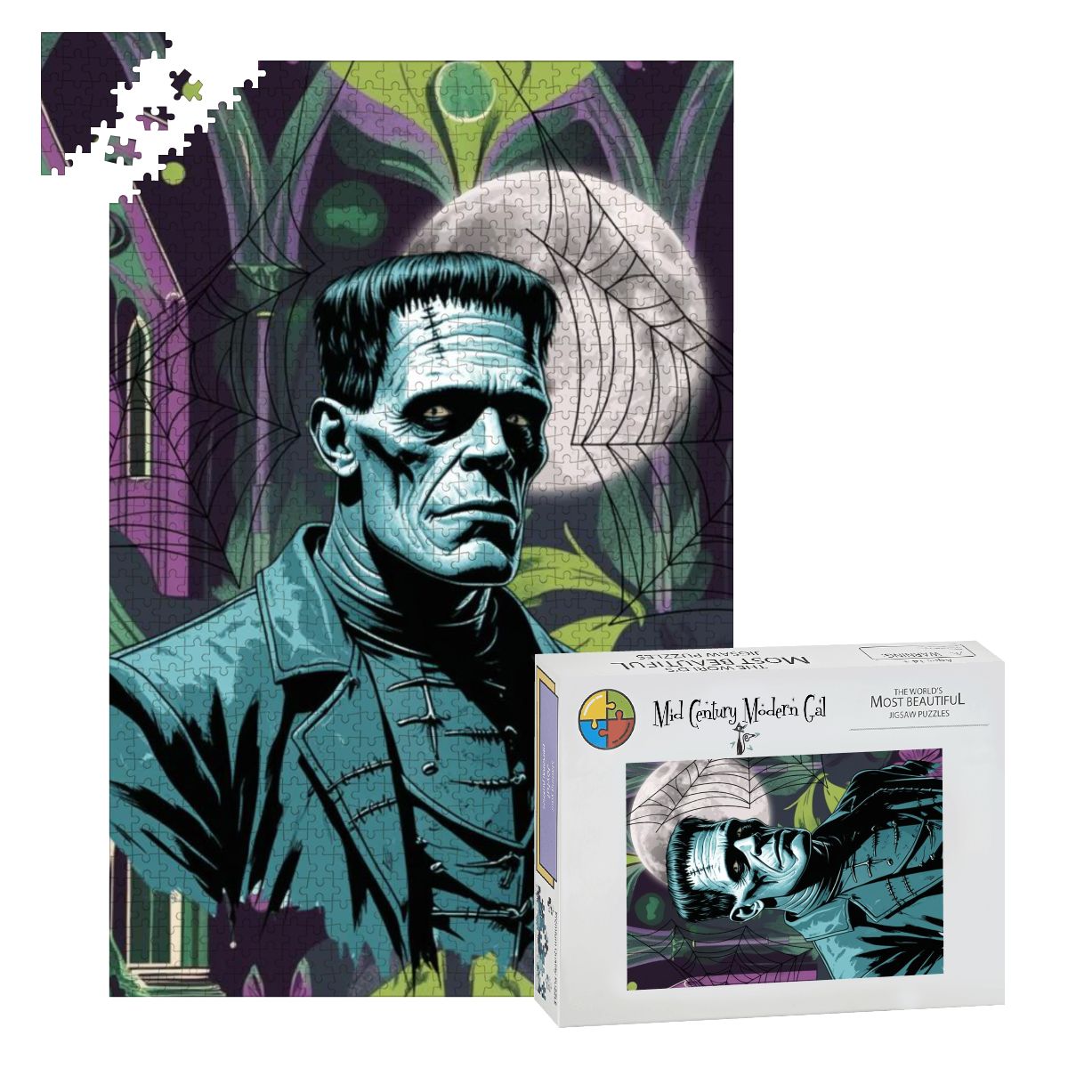 Retro Gothic Frankenstein Mid Mod Spooky Horror Wooden Jigsaw Puzzle - Mid Century Modern Gal