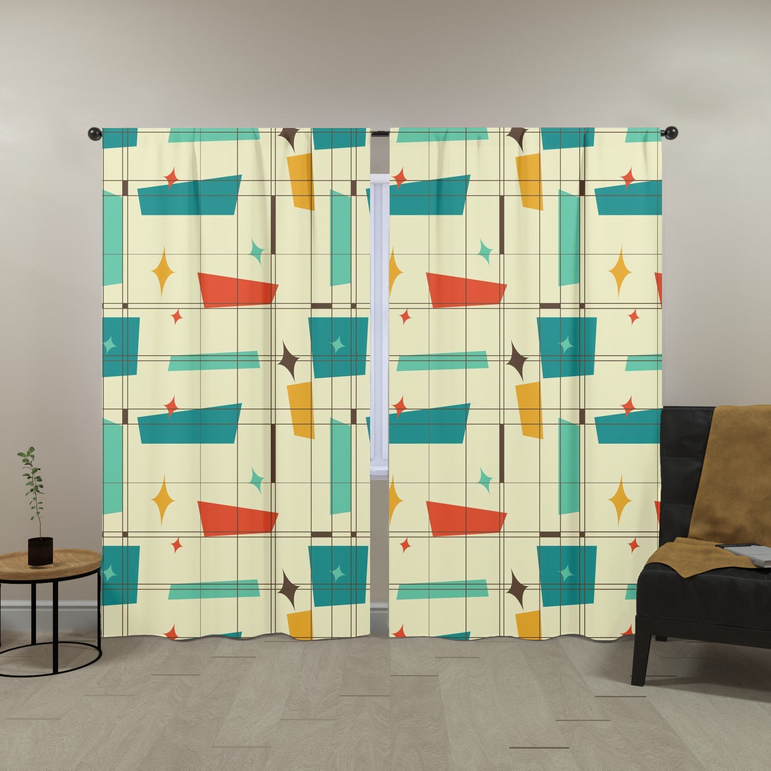 Mid Century Modern Fun And Funky Geometric Retro Window Curtains (two panels) - Mid Century Modern Gal