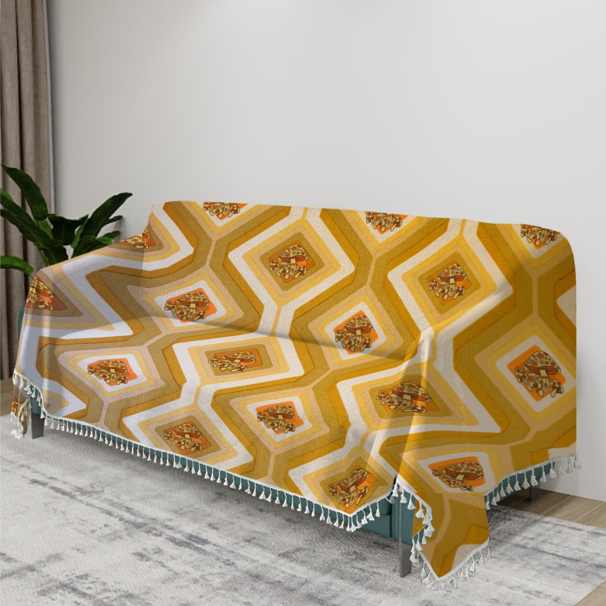 Retro Style, Merry Mushroom Havest Gold, Yellow Couch Cover Blanket - Mid Century Modern Gal