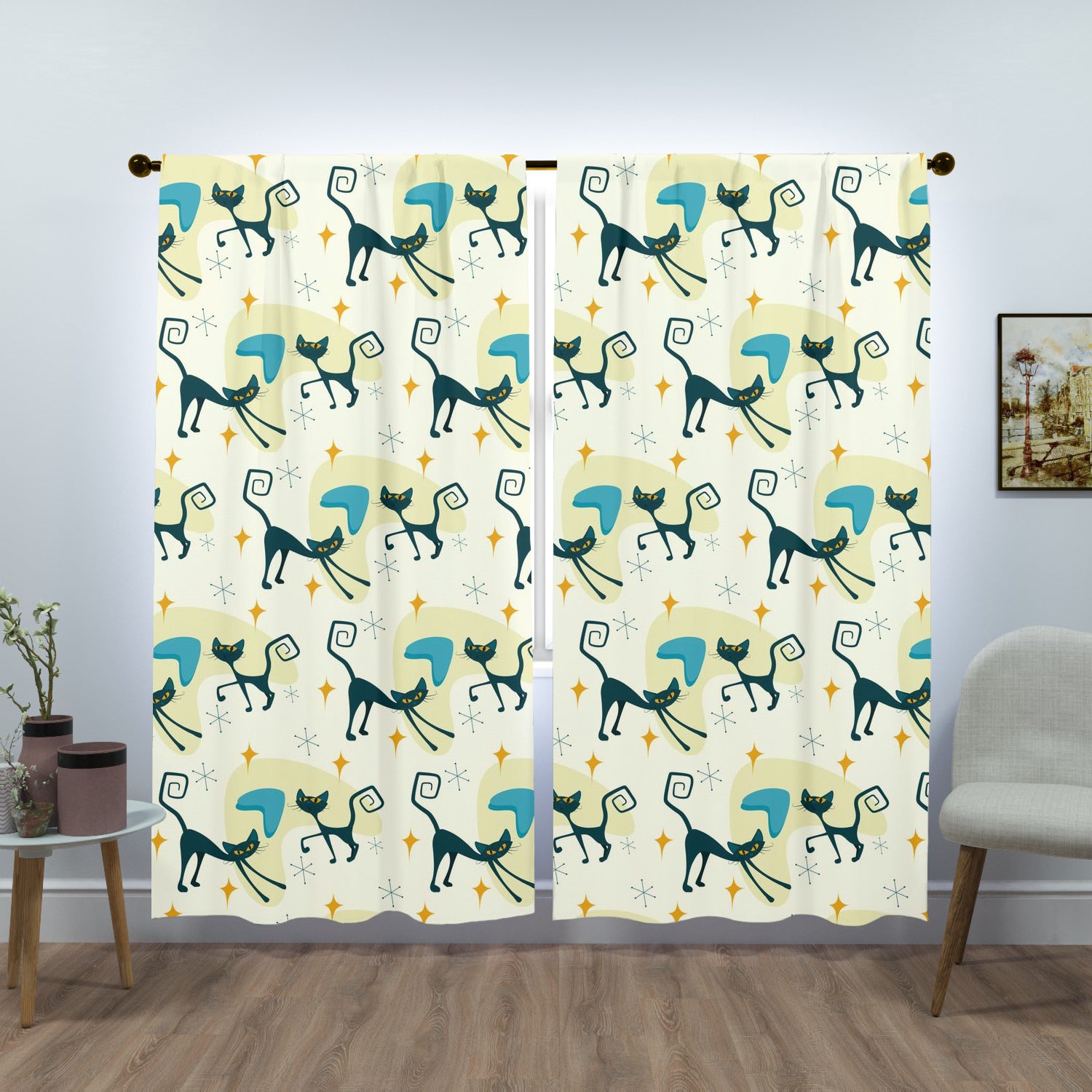 Atomic Cat Mid Century Modern Window Curtains (two panels) - Mid Century Modern Gal